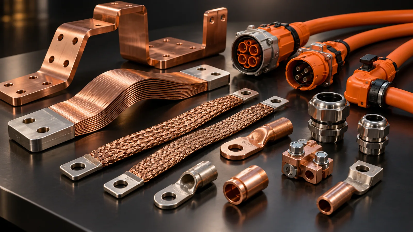 Copper busbars, braids, cable assemblies and connectors